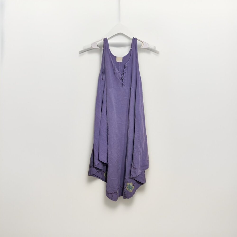 VTG Blue Fish Purple Organic Cotton Hand Painted Flower Lace Tie Dress